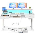 AODK Electric Standing Desk with Drawers & Keyboard Tray, 55 Inch Height Adjustable Desk with Power Outlets & LED Lights, Sit Stand Table with Monitor Stand for Home, Office, White