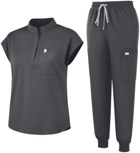 Eadflie Scrubs for Women Set - Stretch Medical Uniform Scrubs - Slim Fit Top & Cargo Pant Scrubs Set with 11 Pockets for Nurse Esthetician Workwear - (Dark Grey/2XL)