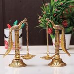 Kridaykraft Peacock Design Metal Hanging with Chain Diya Pair of Peacock Design Bird Diya Deepak Oil Lamp Metal Gold Finish Hanging Diya Pair Puja Gift Item Antique, Standard,Pack of 2