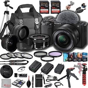 Sony ZV-E10 Mirrorless Camera with 16-50mm Lens, 128GB Extreem Speed Memory,.43 Wide Angle & 2X Lenses, Case. Tripod, Filters, Hood, Grip,Spare Battery & Charger, Editing Software Kit -Deluxe Bundle