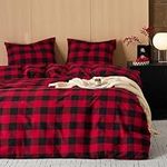 Wake In Cloud - Red Black Plaid Duvet Cover Set, 100% Washed Cotton Bedding, Buffalo Check Gingham Geometric Checker Pattern, with Zipper Closure (3pcs, King Size)