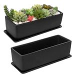 MyGift 14-Inch Rectangular Modern Black Ceramic Succulent Planter Pot with Drainage Hole and Removable Saucer Tray, Long Planters for Indoor Plants, Set of 2