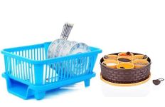 Amazon Brand Round Rangoli Masala + 3 in 1 Kitchen Sink Dish Drainer Drying Rack Utensils Washing Holder Plastic Basket Organizer with Tray and Utensil Cutlery Holder [ Green ]
