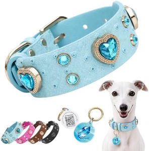 PawView Rhinestone Dog Collar with QR ID Tag, Ostrich-Embossed, Blue, L