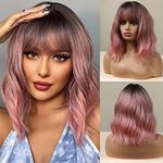 Esmee 14 Inches Short Pink Wigs with Bangs for Women Natural Synthetic Hair Ombre Wig with Dark Roots Loose Wavy Wigs for Cosplay Daily Party Wear