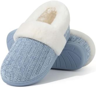 Evshine Women's Fuzzy Memory Foam Slippers, Closed Back Knit Bedroom Slippers, Slip-On Warm House Shoes for Indoor & Outdoor Comfort, Blue, 44-45 (Size 11.5-12)