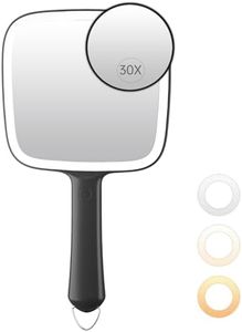 Famihomii Hand Mirror with 30X Magnification, Lighted Handheld Mirror, LED Makeup Mirror, Lightweight & Durable, Portable & Hangable for Makeup Application, Hair Styling, Shaving, Battery Operated