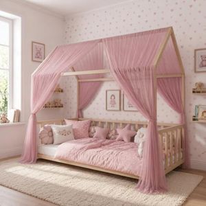 Draphelle Decorative Bed Canopies & Drapes for Kids Room, Mauve, W62 x L160, 2 Panels, Bonus 4 White Bow Tiebacks, Voile Sheer Toddler Bed Canopy Curtain Scarf Valance DIY for Bedroom/Party