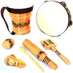 Tuoveek Montessori Percussion Kids Music Set,Wooden Musical Instrument, Bongo Drum,Tambourine 8 inch,Castanet,Egg Shaker,Tone Block and Guiro,Jingles Tap,Educational Music Toy,Gift for Toddler