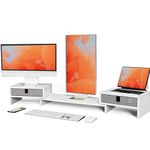 Rathsyme Dual Monitor Stand Riser with 2 Extra Drawers - Length and Angle Adjustable for 2 Monitors Large Desk Organizer for PC Laptop Computer TV Screen, White