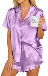 Ekouaer Womens Satin Pajamas Set Button Down 2 Piece Silk Pjs Shorts Set Ruffle Lingerie Notch Collar Sleepwear Lavender L