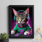 Master Flame Ai Aesthetic Wall Art Poster for Living Room, Home & Wall Decor - Poster without frame Psychedelic Car Bike Gaming Music Dog Cat Horse (DJ CAT, A3 FRAMED)