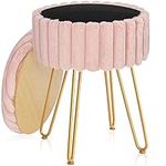 BQKOZFIN Round Vanity Stool Chair Faux Fur with Storage Space, Ottoman Footrest Stool with Metal Legs, Comfy Vanity Chair Entryway Bench Makeup Stool, Furry Padded Seat for Bedroom, Living Room (Pink)