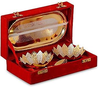 Garden Of Arts Fancy Metal Gold and Silver plated Floral Flower shape 5 Pieces Set 2 Bowls 2 Spoons 1 Tray in Red Velvet Box ideal for dryfruits party prop also known as pandan