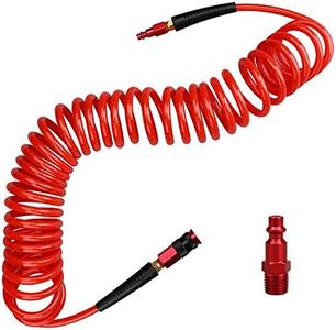 Hromee 1/4 in x 25 ft Polyurethane Recoil Air Hose with Bend Restrictors Compressor Hose with 1/4" Industrial Universal Quick Coupler and I/M Plug Kit, Red