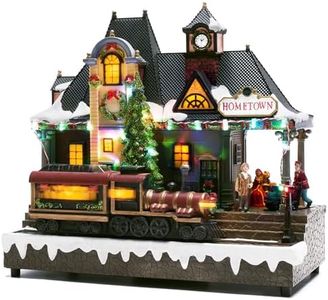 Valery Madelyn Christmas Village House Decorations, Battery Operated Train Station with Music, LED Lights and Moving Train, for Christmas Home Gift Decor, Vintage Christmas Hometown, 11.6 Inch