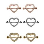 BodyJewelryOnline Adult 3 Pairs of Paved Heart Nipple Shield Ring Clear CZ Gem tone 14GA 7/8"