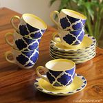 ExclusiveLane 'Mediterranean' Ceramic Cups and Saucer Set of 6 (150 ML, Blue, White & Yellow, Microwave Safe) | Ceramic Tea Cups Set of 6 Coffee Cups Set Tea Mugs Set of 6 Chai Cups Ceramic Cup Set