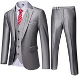 YND Men's Slim Fit 3 Piece Suit, One Button Jacket Vest Pants Set with Tie, Solid Party Wedding Dress Blazer, Tux Waistcoat and Trousers Silver Grey