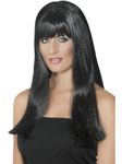 Smiffys Mystique Wig, Black Long with Fringe and Skin Parting, Ladies Glamour Wigs Fancy Dress, Adult Dress Up Wigs