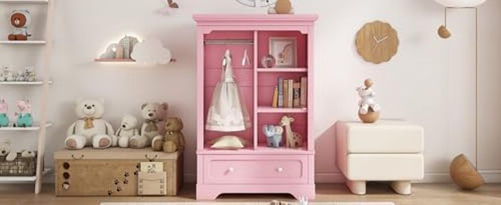 Living Source International Kids Open Wardrobe with Hanging Rod, Shelves and Drawer, Pink, 31.5W x 15.7D x 47.1H inches