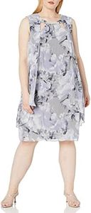 S.L. Fashions Women's Plus Size Sleeveless Cutout Dress with Pearl Neckline, Blue and Grey, 16W