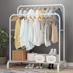 Lukzer Sturdy Cloth Stand: Heavy-Duty Double Pole Garment Rack with 1 Bottom Shelves and Side Hook – Multi-Functional Storage Organizer for Bedroom and Living Room (White, 55 x 110 x 148 cm/MGS-002)