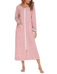 Ekouaer Women Long House Coat Zipper Front Robes Full Length Nightgowns with Pockets Striped Loungewear