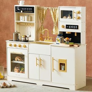 Tiny Land Play Kitchen for Kids, Toy Kitchen Set with Plenty of Play Features, New Modern Kids Wooden Play Kitchen Designed in Trendy Home Style with Curtains, Gift for Ages 3+