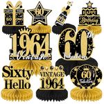 Luvart 60th Birthday Decorations-9pcs 60th Birthday Decorations for Men Black and Gold Table Decorations for Birthday Party Men Women Honeycomb Decs Vintage 1964 60th Birthday Table Decorations