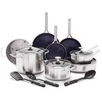 Blue Diamond Cookware Tri-Ply Stainless Steel Ceramic Nonstick 15 Piece Cookware Pots and Pans Set, Includes Frying Pans, Stockpot, Sauté Pan, PFAS-Free, Multi Clad, Induction, Oven Safe, Silver