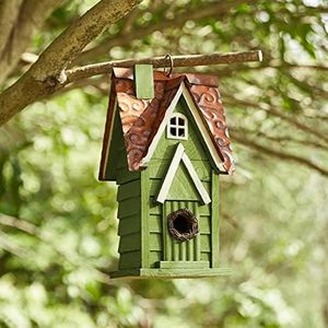 Glitzhome 11.93" H Hanging Distressed Wooden Garden Hand Painted Bird House, Green