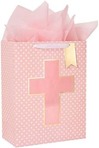 Loveinside Pink Gift Bag with Cross Design, Tissue Paper for Baby Girl Baptisms, Christenings, First Communions Religious Occasion- 10" x 5" x 13", 1 Pcs