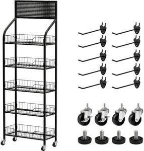 Yuwoune Commercial 5 Tier Freestanding Retail Display Rack for Snacks and Candy, Heavy Duty Q235 Steel Chip Stand with Sliding Baskets, 360° Rotating Silent Wheels, 4 Foot Pads & 10 Price Tags