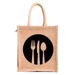 H&B Men's Jute Tiffin Bags with zip for lunch (Medium Size, Print: Dine 3, Beige, Size: 11x9x6 Inch).