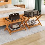 Smuxee Fully Assembled Honey Luggage Racks Pack of 2, Upgraded Bamboo Foldable Suitcase Stand with 5 Nylon Straps, Luggage Holder with Shelf for Guest Room Bedroom Hotel