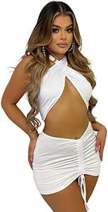 BYDIVA Women's Sexy Two Piece Outfit Drawsting Crop Top and Skirt Set White M