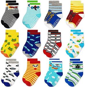 Toddler Non Slip Socks- 12 Pairs Anti Skid Kids Socks Cute Crew Grips Socks for Boys Girls Children（#3 Cartoon Style 1-3T)