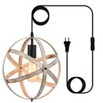 Vintage Metal Pendant Light, SEEBLEN Industrial Metal Spherical Pendant Displays Changeable Hanging Lighting with 15 Ft Plug in Cord and On/Off Switch (Ash Wood)