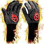 BBQ Gloves, 800℃ Upgraded Heat Resistant Oven Gloves with Fingers, Fireproof Gloves Heat Proof Oven Mitts with Non-Slip Silicone for Kitchen, Grilling, Baking, Microwave- Black