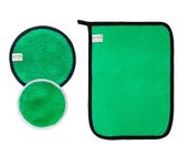 SOFTSPUN Microfiber Reusable Makeup Remover Cleansing Pads With Wipe Towel for Face, Eyes, Lipstick, Combo Pack of 3, 280 GSM, Dark Green, Safe for all Skin Types.