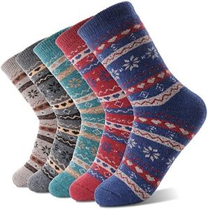 Sandsuced Wool Warm Socks for Women Winter Hiking Thick Boot Thermal Cabin Cozy Crew Work Soft Ladies Socks 5 Pack（Stripe Snowflake）