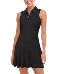 Misyula Tennis Dresses for Women,Athletic Dress with Shorts 2Pockets Zip Up Polo Sleeveless Golf Workout Dress Black X-Small