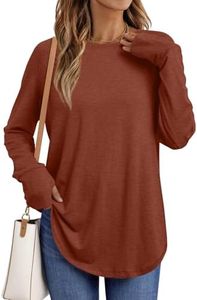 AUTOMET Womens Long Sleeve Shirts Crew Neck Casual Tshirts Fall Fashion Tops Loose Fit Lightweight Y2k Outfits Clothes Rust XXL