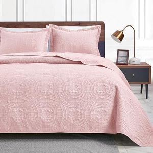 Love's Cabin King Size Quilt Set Pink Bedspreads - Soft Bed Summer Quilt Lightweight Microfiber Bedspread- Modern Style Coin Pattern Coverlet for All Season - 3 Piece (1 Quilt, 2 Pillow Shams)