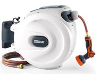 Blütezeit Retractable Garden Hose Reel, 1/2'' x 100ft Hose Reel Wall-Mount with 10-Function Spray Nozzle, Any Length Lock/180° Swivel/Automatic Slow Rewind/Heavy Duty
