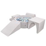 KiddyMoon Foam Playground For Kids With Round Ballpit (200 Balls) Obstacle Course, Lightgrey:Pearl/Grey/Transparent/Babyblue/Mint