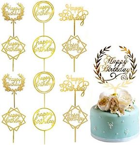 Cake Topper/Cupcake Topper,12 pcs Acrylic Gold Birthday Cake Topper Set,Double-Sided Glitter Happy Birthday Cake Topper Sets,Birthday Decoration for Children and Adults