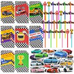 148Pcs Race Car Party Favors Set - 24 Race Car Notebooks, 24 Decorative Pens, 100 Stickers for Kids Racecar Themed Birthday Party Class Prizes Supplies