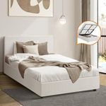 Oikiture Bed Frame King Single Size Gas Lift Storage Base Boucle Fabric Material White